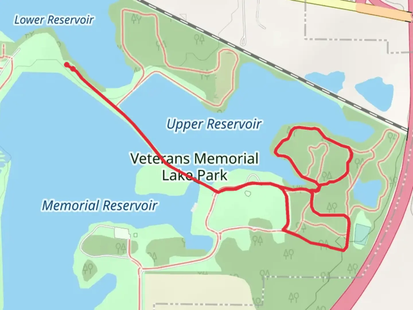 An image depicting the trail Upper Reservoir Loop - Memorial Lake Park and its surrounding area.