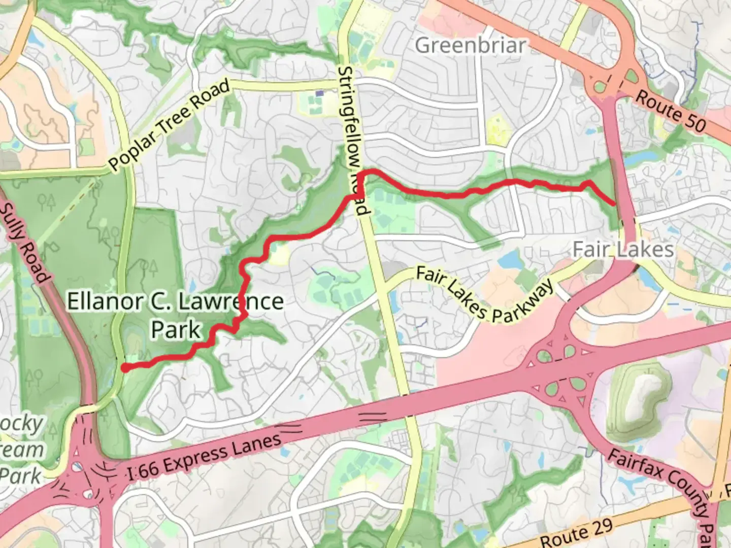 An image depicting the trail Rocky Run Stream Valley Trail and its surrounding area.