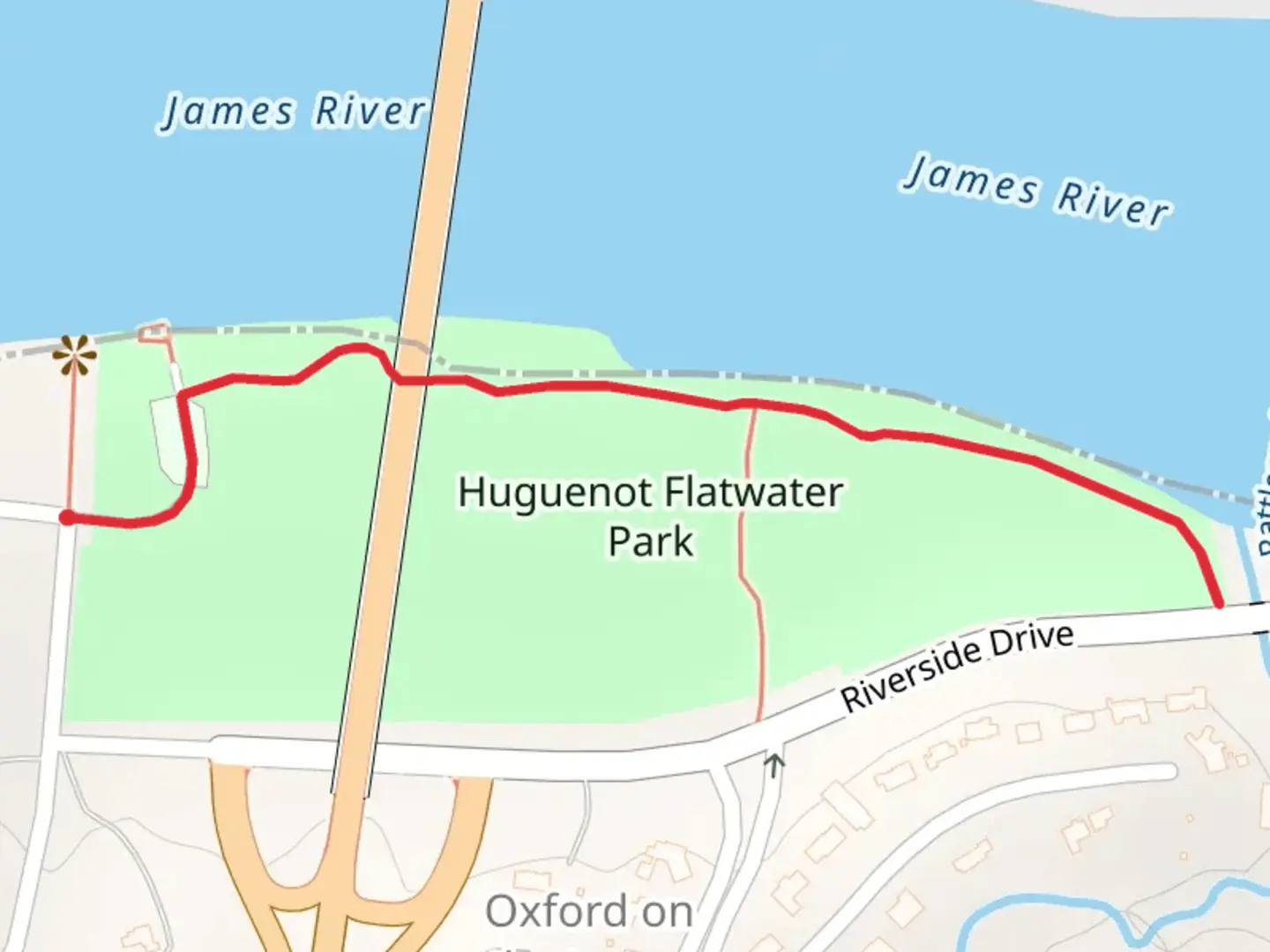 An image depicting the trail Huguenot Flatwater Park and its surrounding area.
