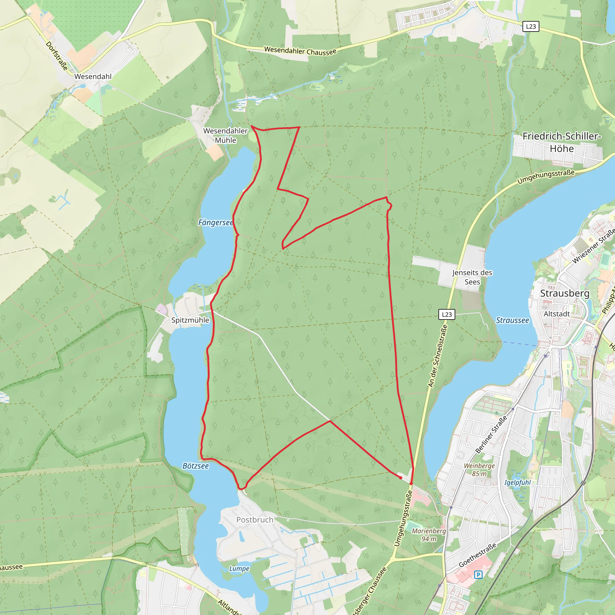 Fredersdorfer Mühlenfließ and Faengersee via 66 Seen Wanderweg mobile static map