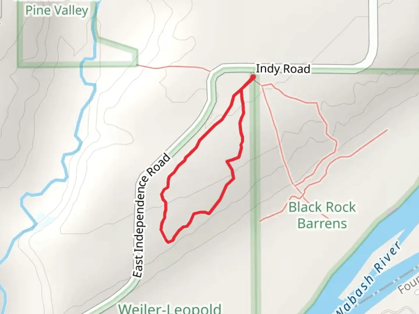 An image depicting the trail Weiler-Leopold Nature Preserve Loop and its surrounding area.
