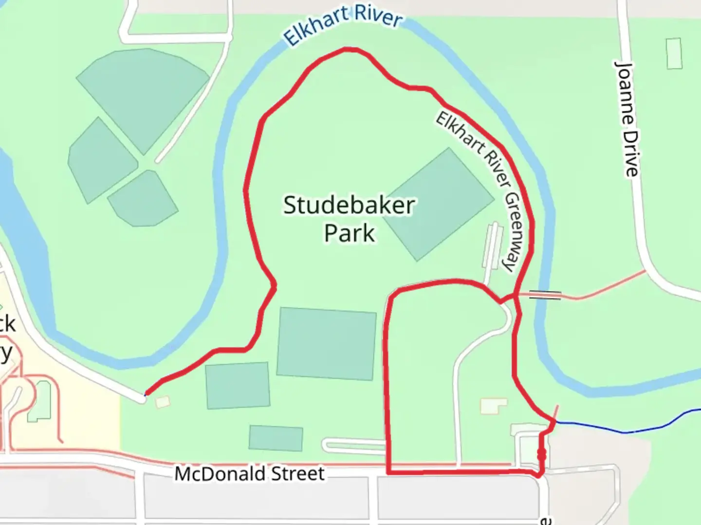 An image depicting the trail Studebaker Park Loop and its surrounding area.