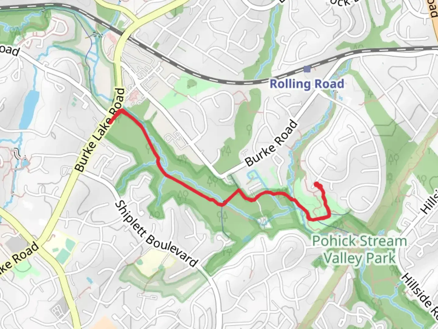 An image depicting the trail Burke Station Park and Pohick Stream Valley Trail and its surrounding area.