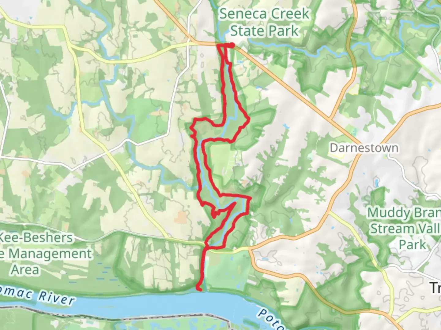 An image depicting the trail Seneca Creek Greenway and Seneca Bluffs Loop trail and its surrounding area.