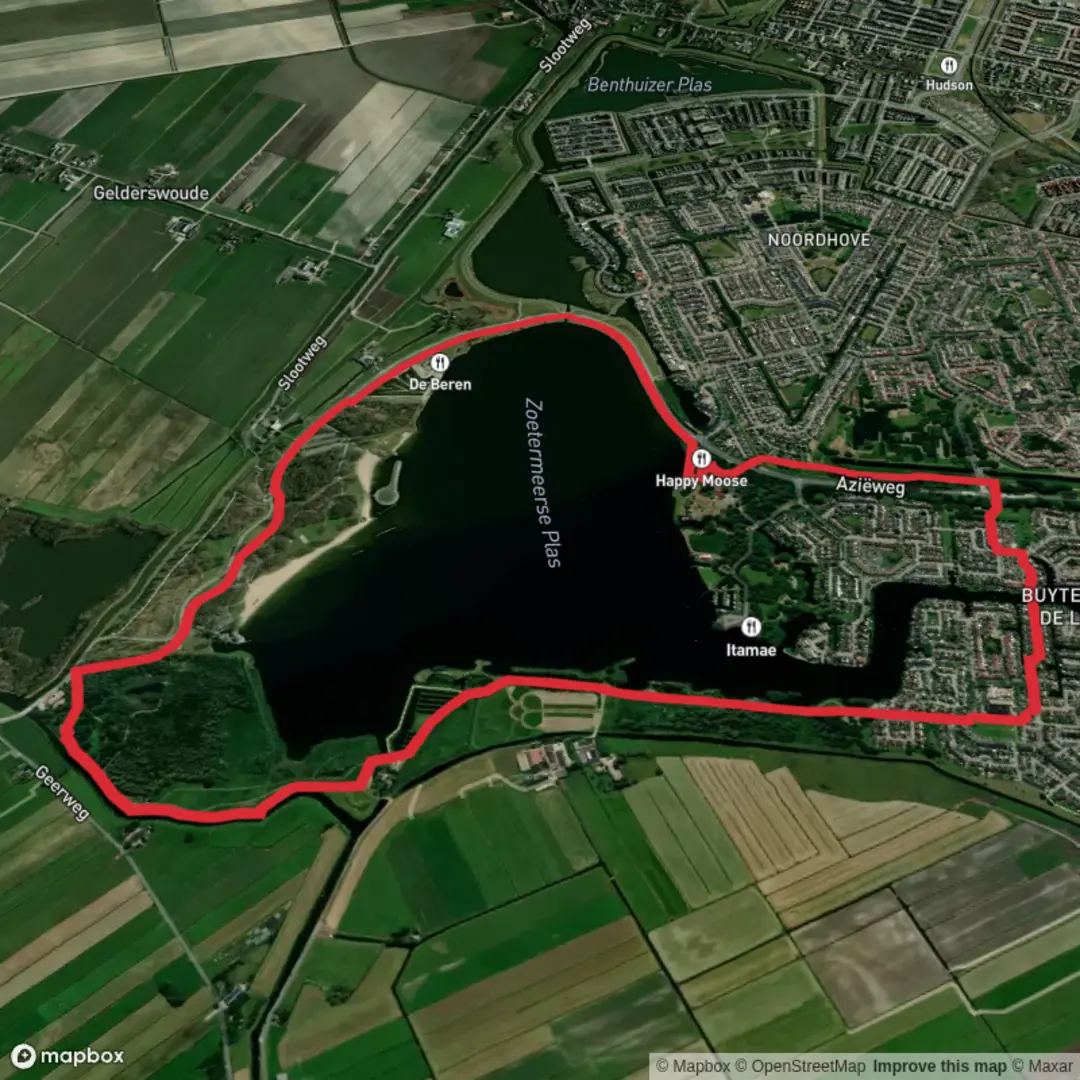 An image depicting the trail Zoetermeerse Plas Loop via Azie Weg and Broekwegkade and its surrounding area.