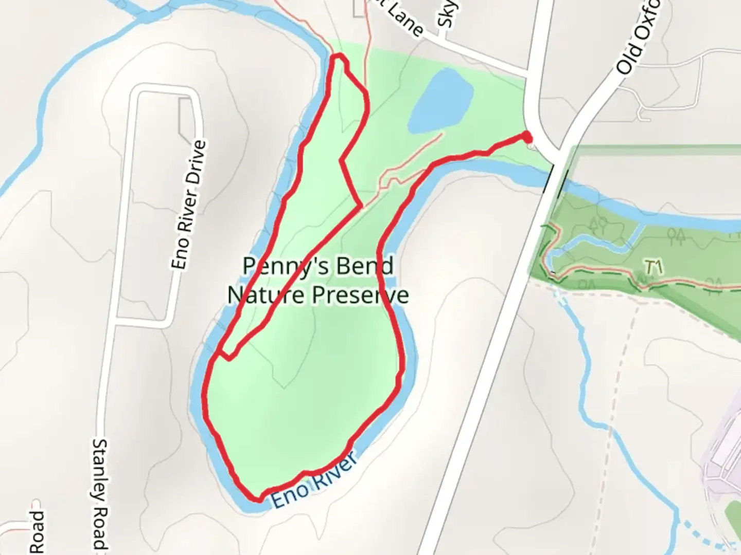 An image depicting the trail Eno River via George Pyne Trail and Ridge Trail and its surrounding area.