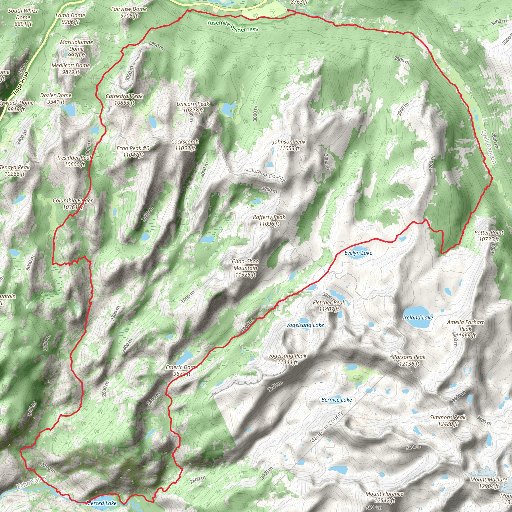 Evelyn Lake and Merced Lake via Catheral Fork and John Muir Trail mobile static map