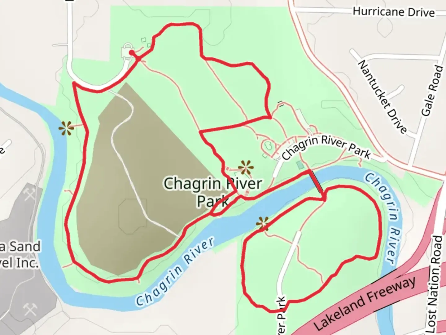 An image depicting the trail Woodland Run Trail, Brambleside Loop Trail and Riverwood Trail Loop and its surrounding area.
