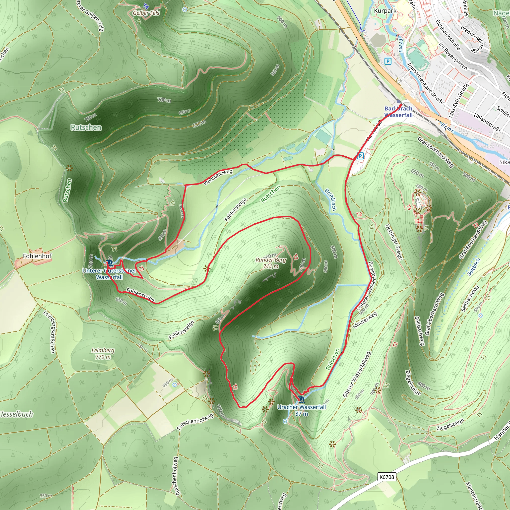 Bad Urach Guetersteiner Wasserfaelle and Wasserfallsteig Loop mobile static map
