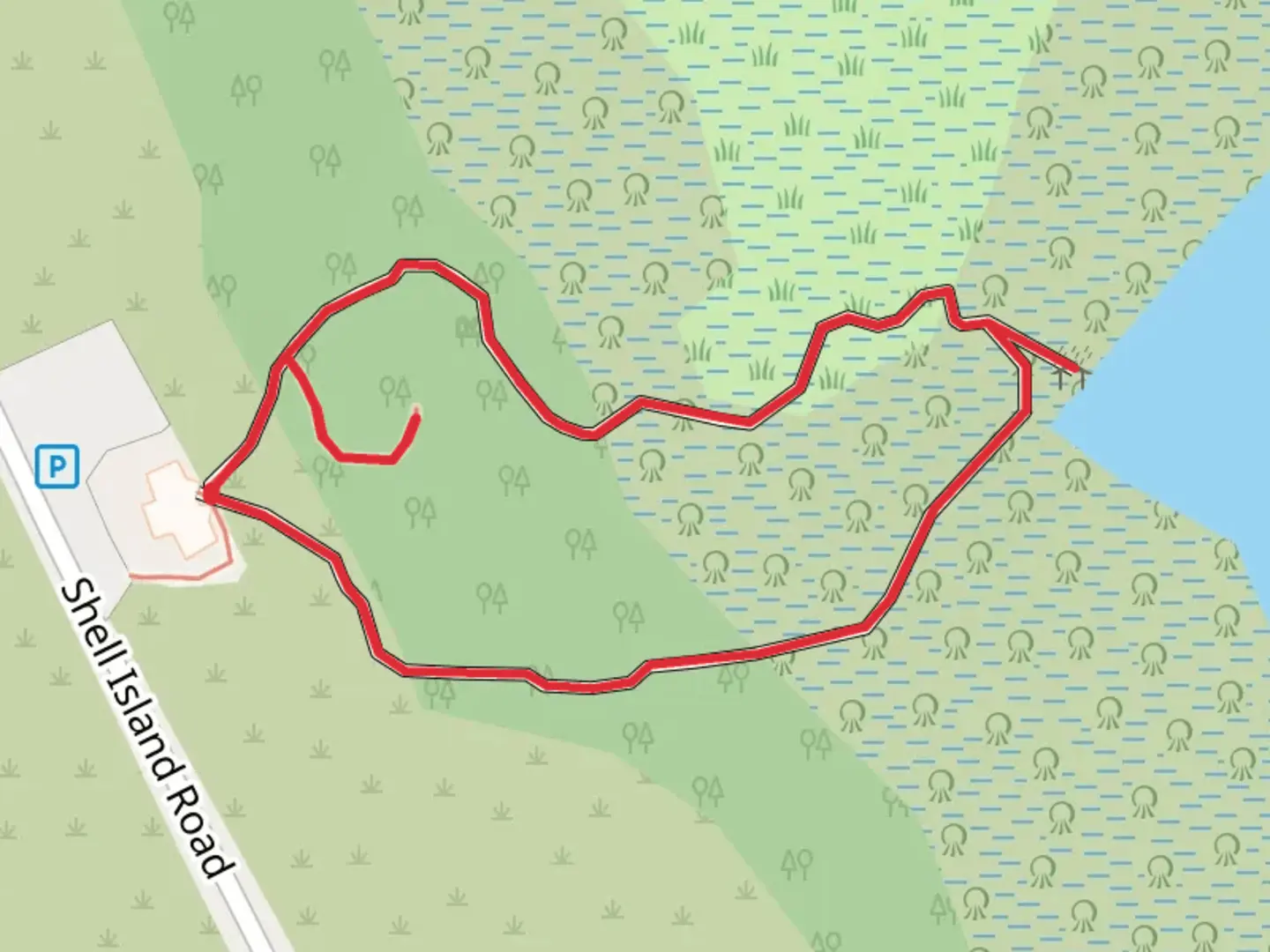 An image depicting the trail Shell Island Road Loop and its surrounding area.