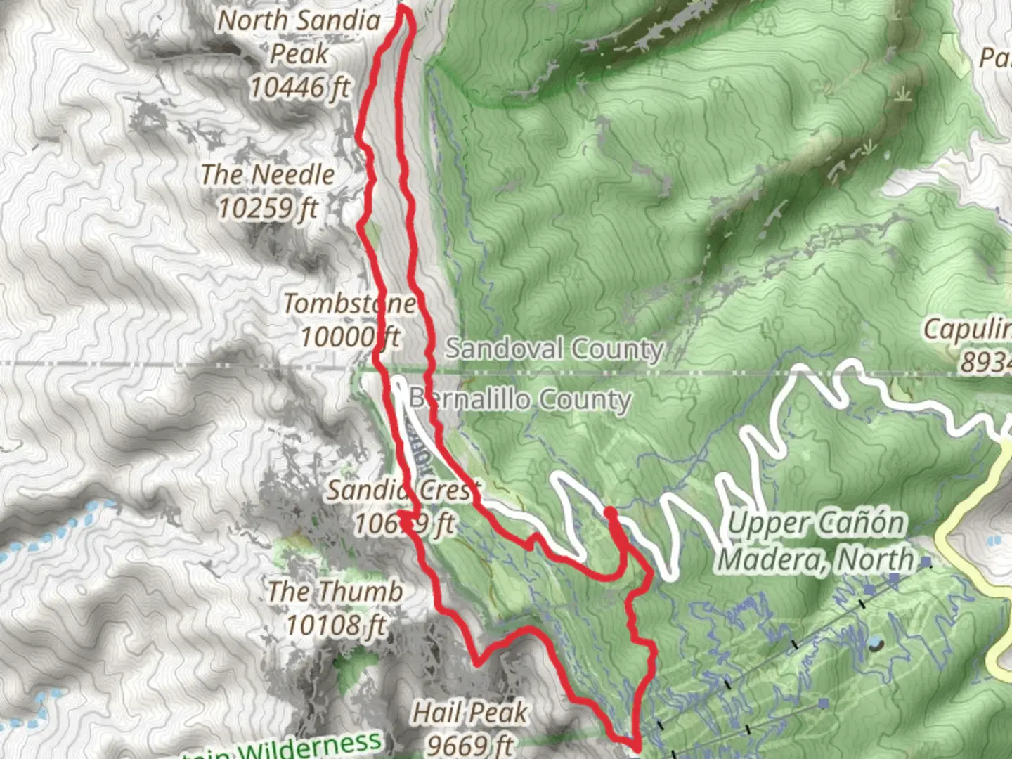 An image depicting the trail Sandia Crest, Double Eagle and La Luz Trail Loop and its surrounding area.