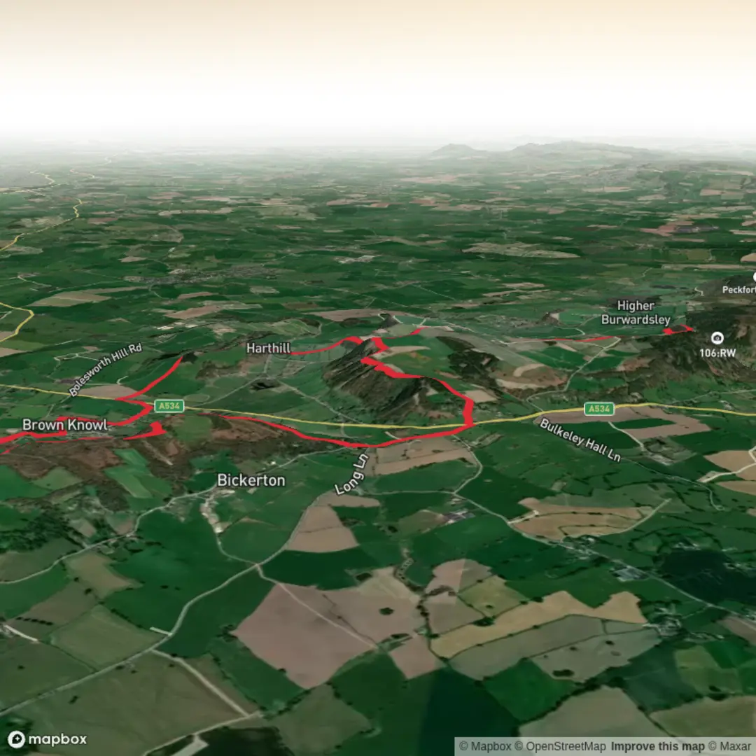 An image depicting the trail Bulkeley Hill, Bickerton, Brown Knowl and Harthill and its surrounding area.