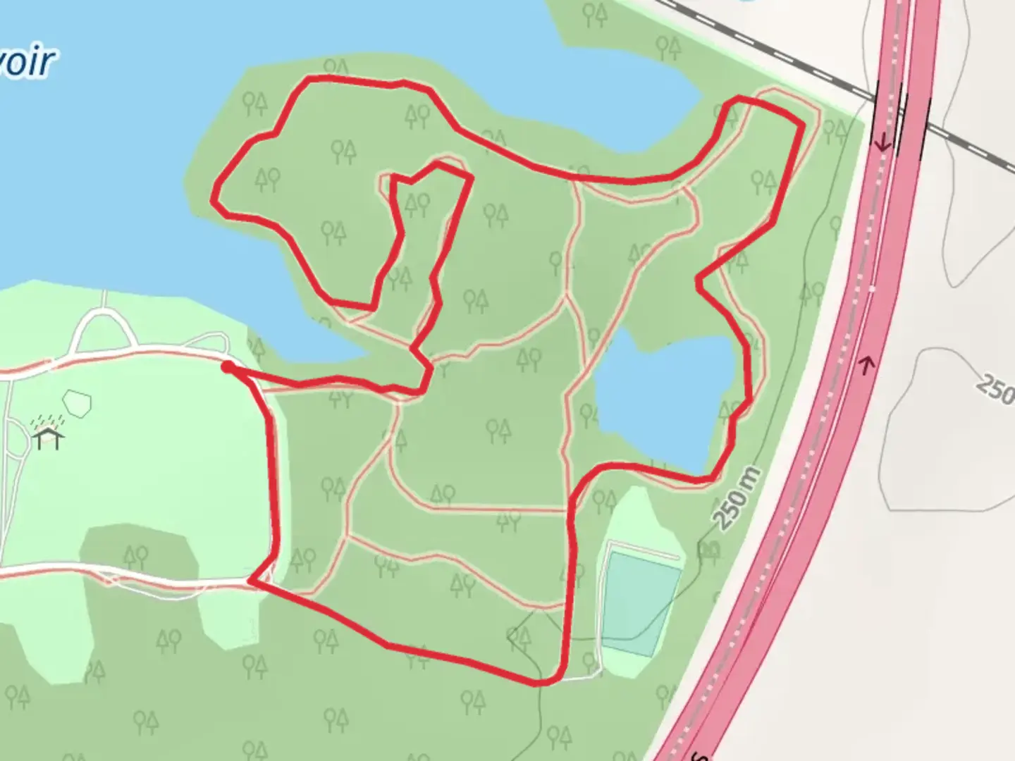 An image depicting the trail Upper Reservoir East Shore Loop and its surrounding area.