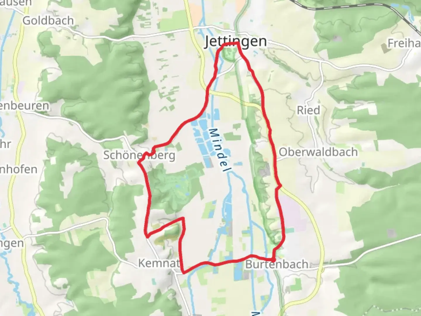 An image depicting the trail Burtenbach and Schloss Jettingen Loop and its surrounding area.