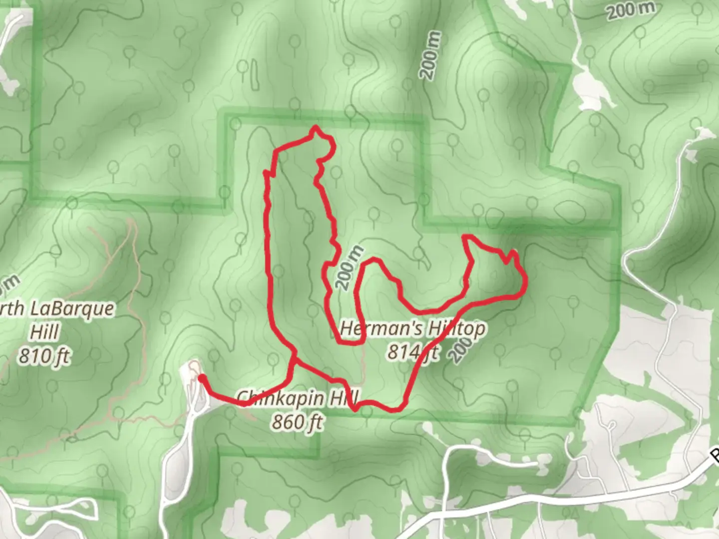 An image depicting the trail Herman's Hilltop - Chinkapin Hill - Sandstone Canyon Loop Trail and its surrounding area.