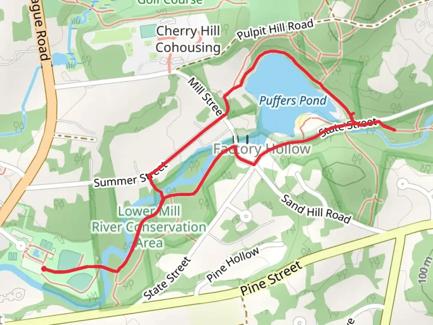 An image depicting the trail Puffers Pond and Mill River Trail Loop and its surrounding area.
