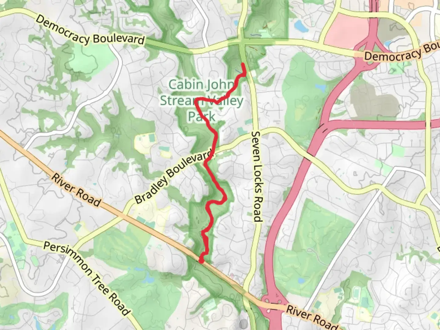 An image depicting the trail Cabin John Trail - Short and its surrounding area.