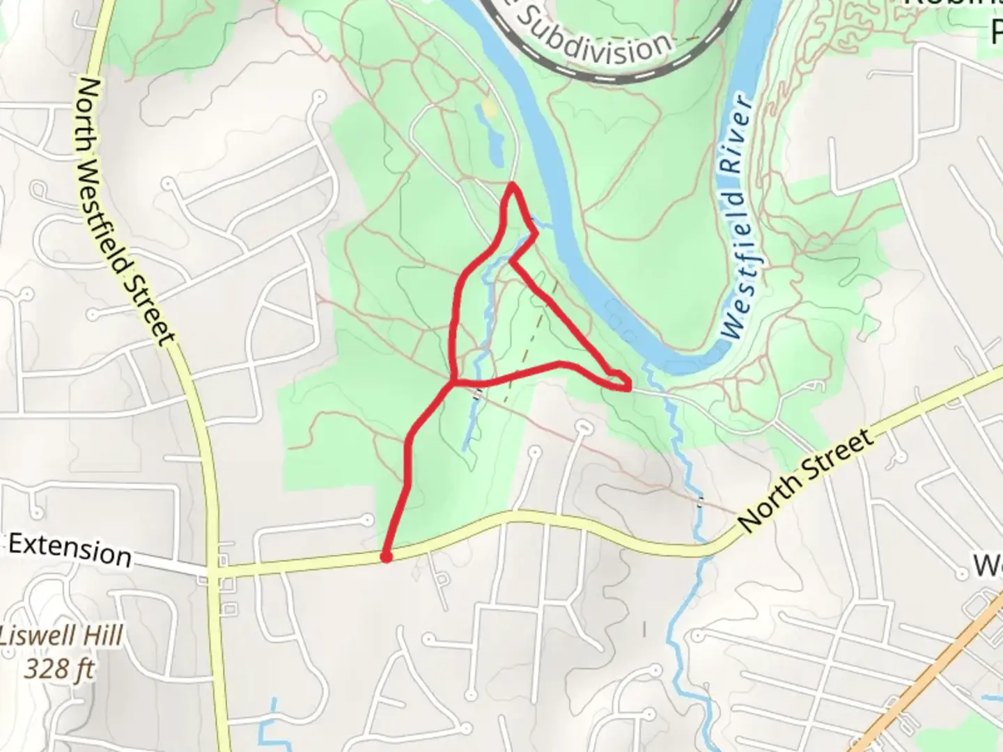 An image depicting the trail Westfield River Shore Trail from North Street and its surrounding area.