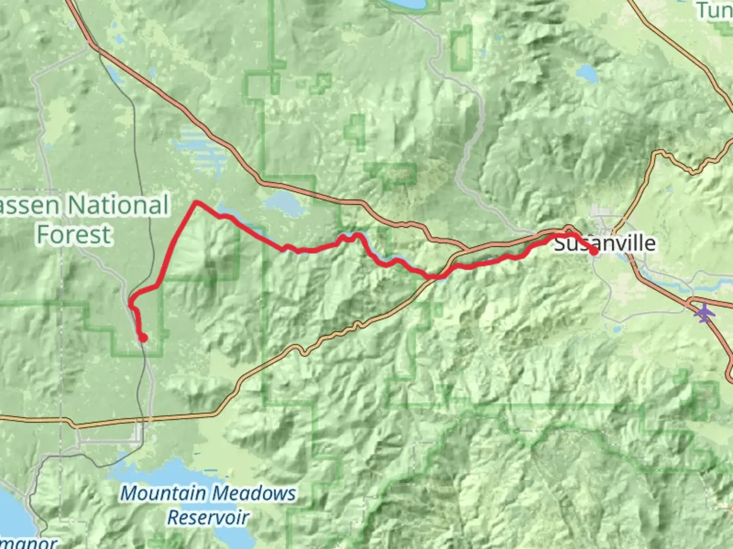 An image depicting the trail Bizz Johnson Trail and its surrounding area.