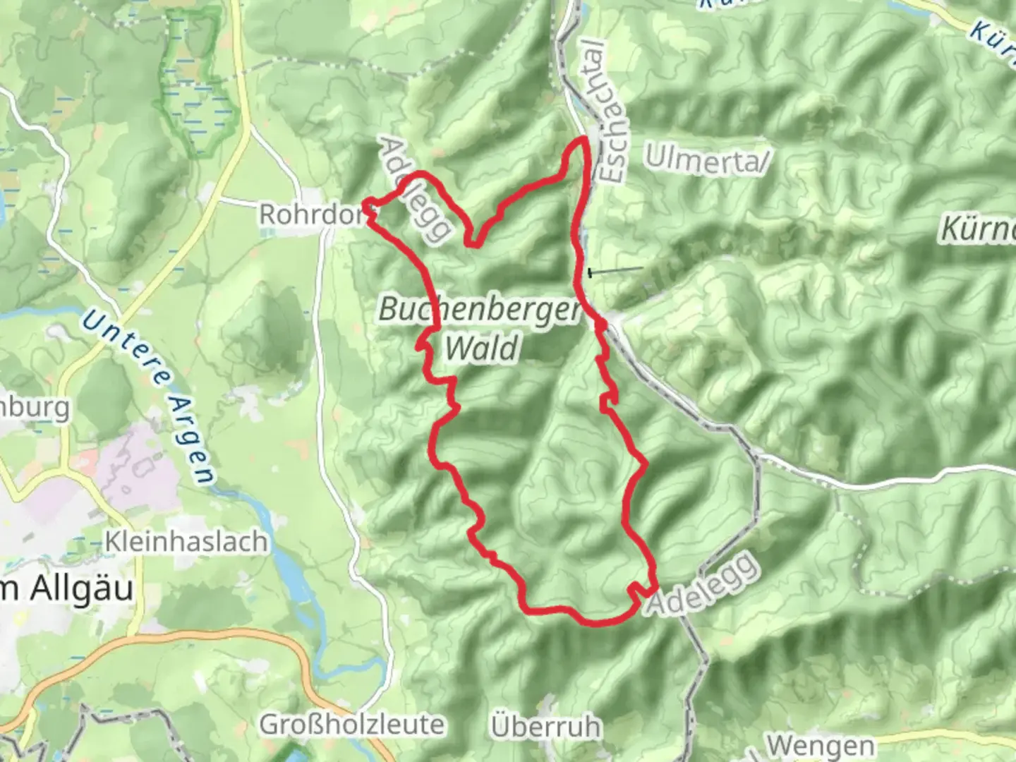 An image depicting the trail Kreuzthal and Wegmannshohe Loop and its surrounding area.