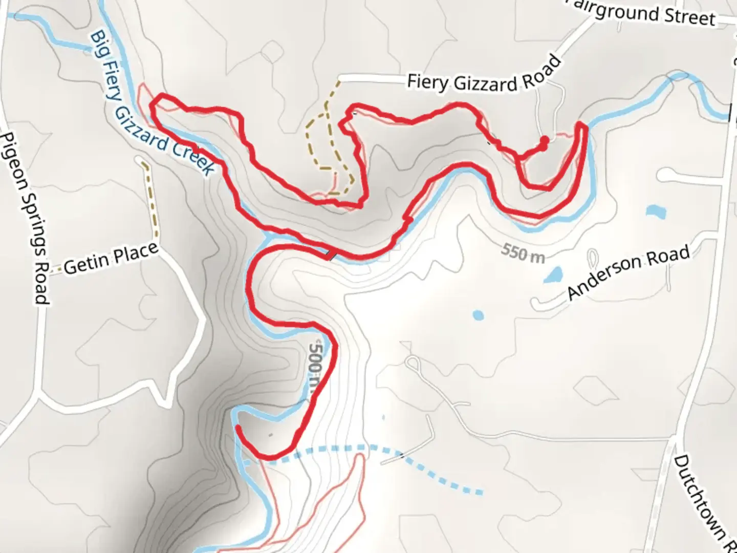 An image depicting the trail Fiery Gizzard Trail Loop and its surrounding area.
