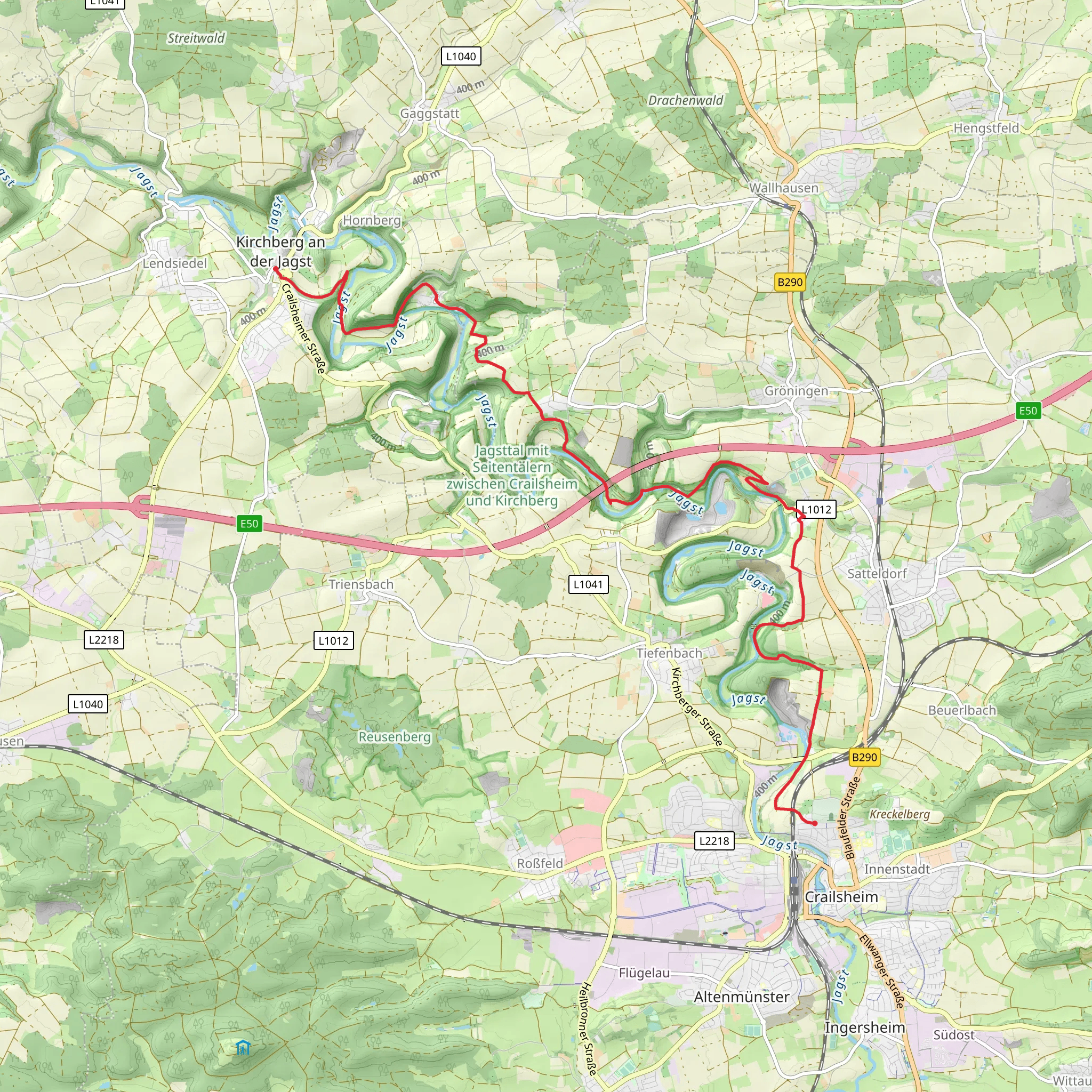 Kirchberg an der Jagst to Schiessberg Walk cia River Jagst mobile static map