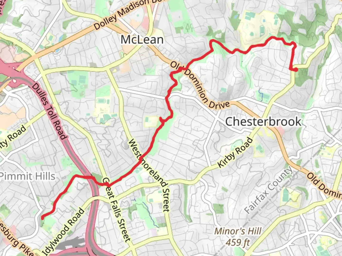 An image depicting the trail Pimmit Run Trail Upperstream and Lowerstream and its surrounding area.