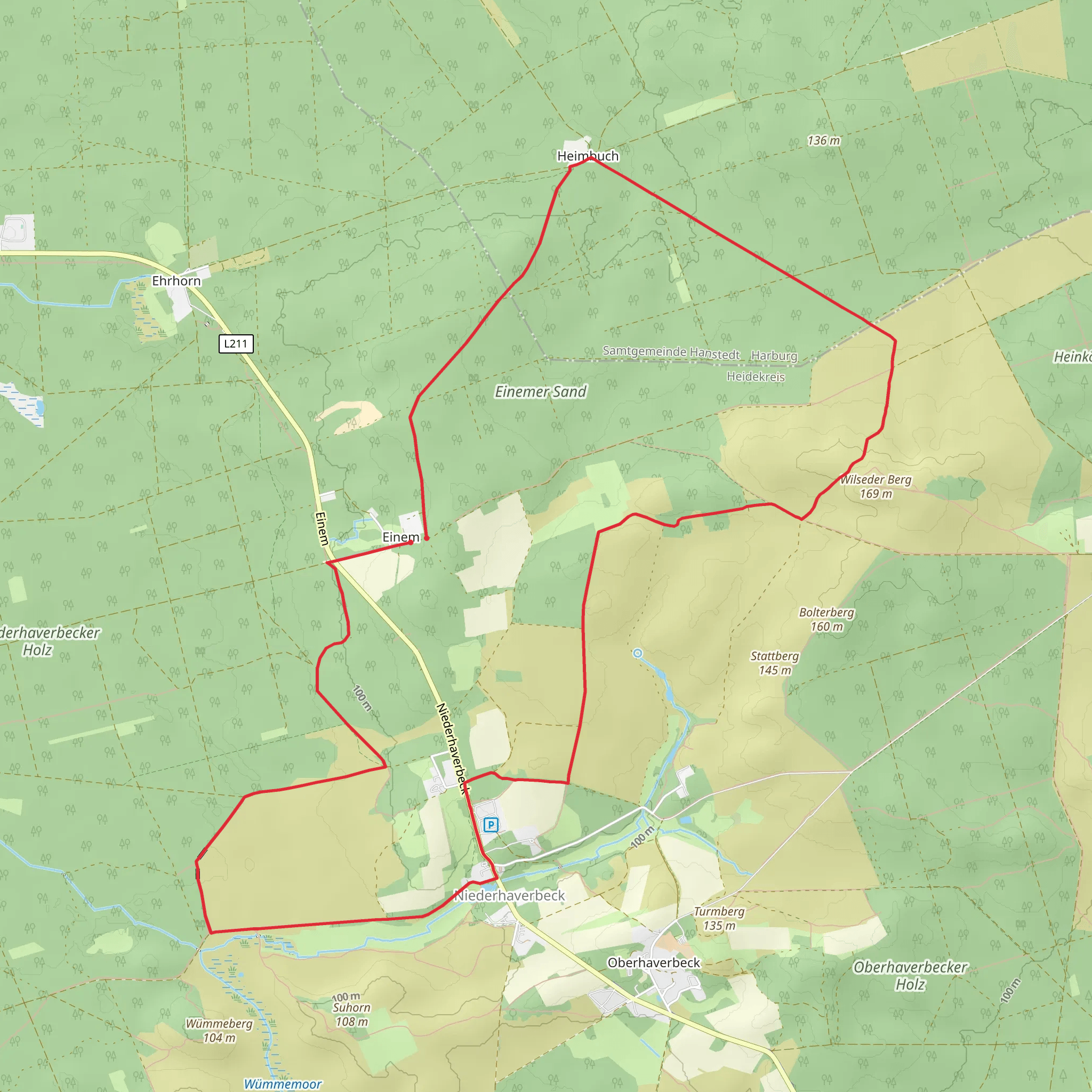 Einemer Sand and Lueneburg Heath via Rundwanderweg Niederhaverbeck mobile static map