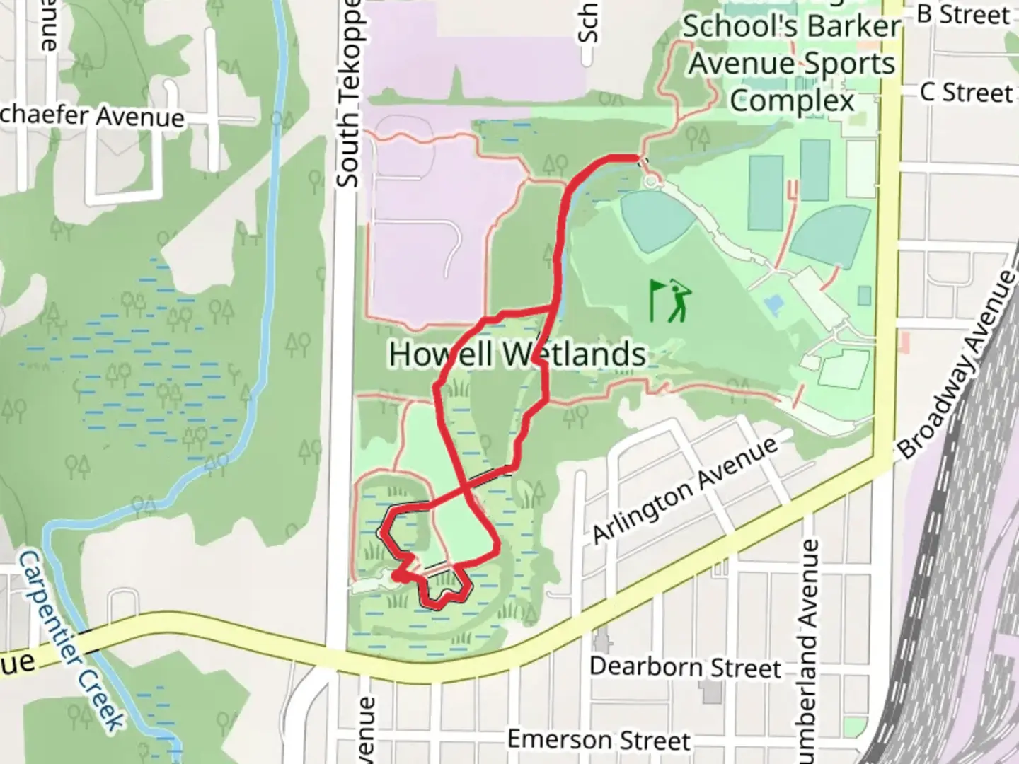 An image depicting the trail Howell Wetlands Loop and its surrounding area.