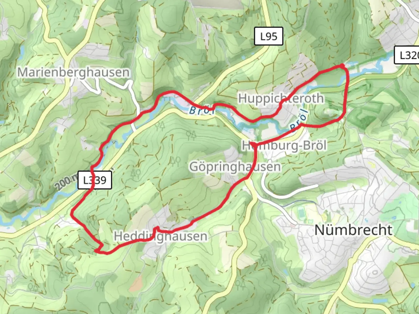 An image depicting the trail River Brol, Grunthal and Schloss Homburg Loop and its surrounding area.