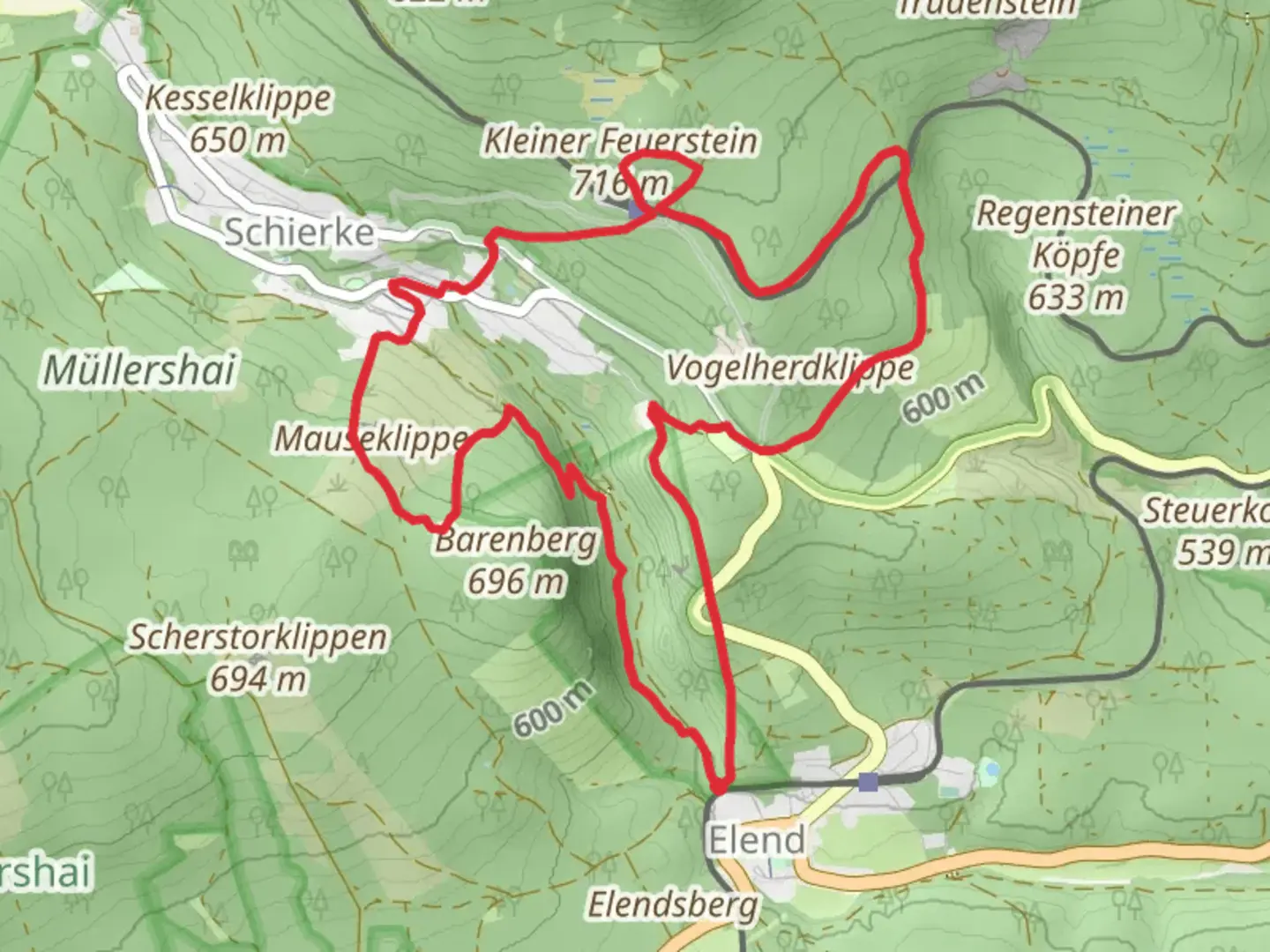 An image depicting the trail Kleiner Feuerstein and Vergessene Wand via Teufelsstieg and Hohnerundweg and its surrounding area.