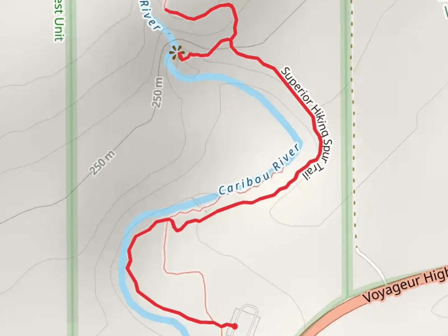 An image depicting the trail Caribou Falls and its surrounding area.