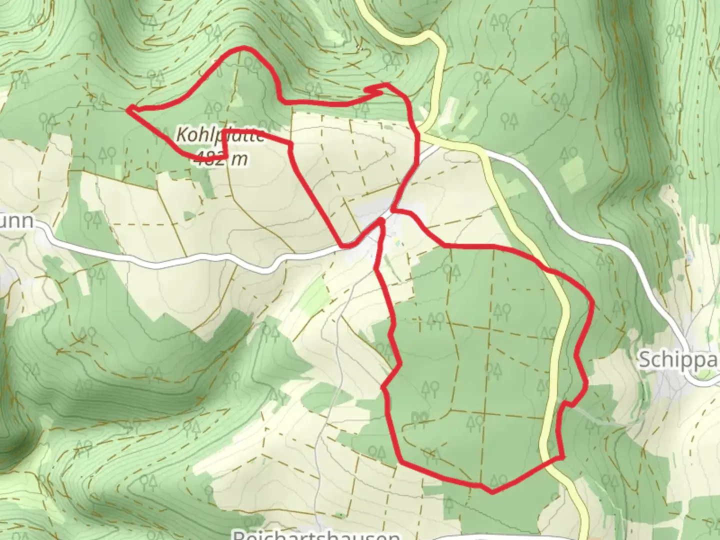 An image depicting the trail Wenschdorf Loop via Kohlplatte and Alter Wald and its surrounding area.