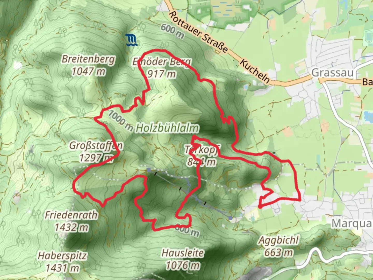 An image depicting the trail Torkopf, Hochplatte and Einoder Berg Loop - Niedernfels and its surrounding area.
