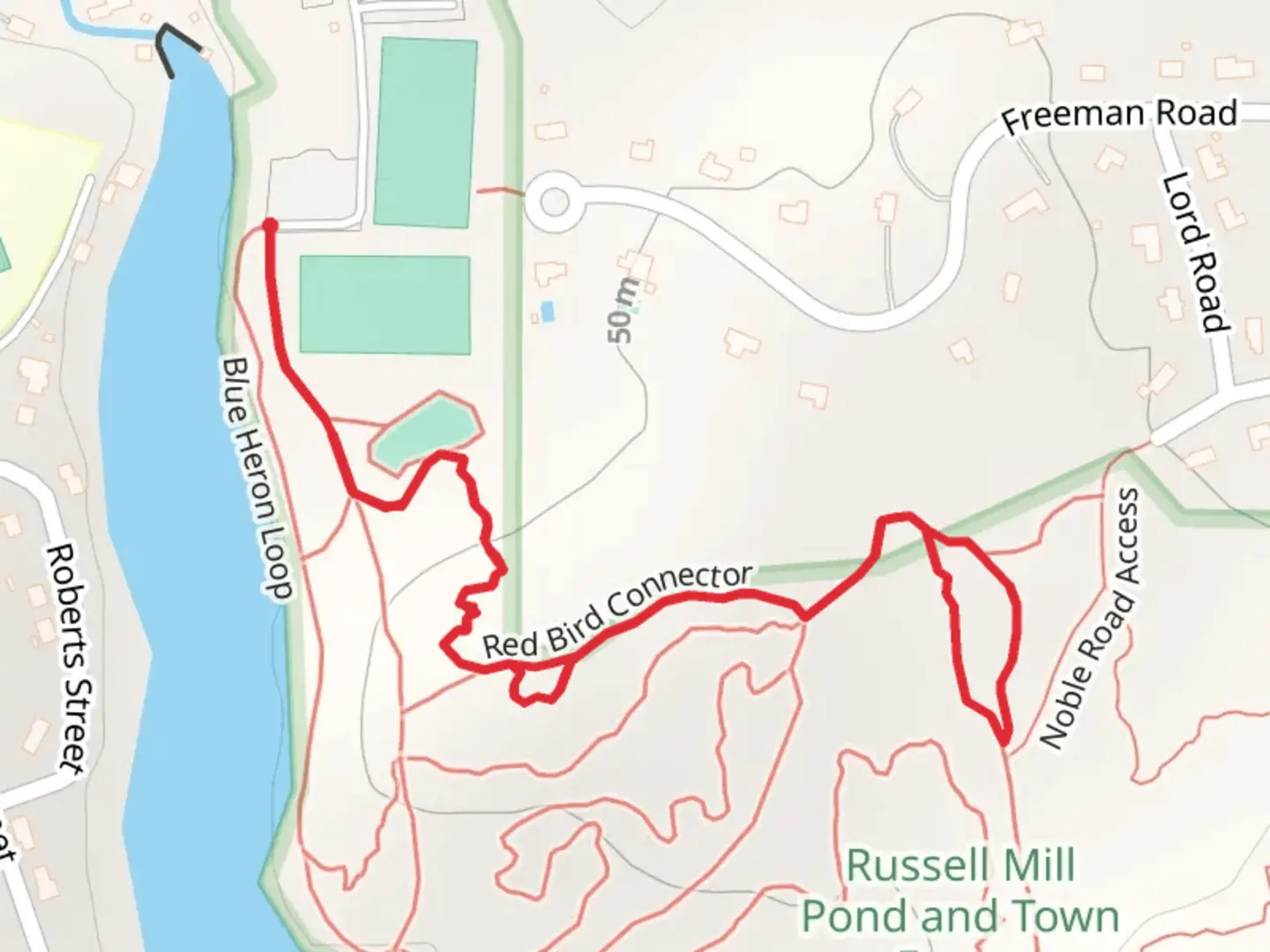 An image depicting the trail Russell Mill Pond Out and Back and its surrounding area.
