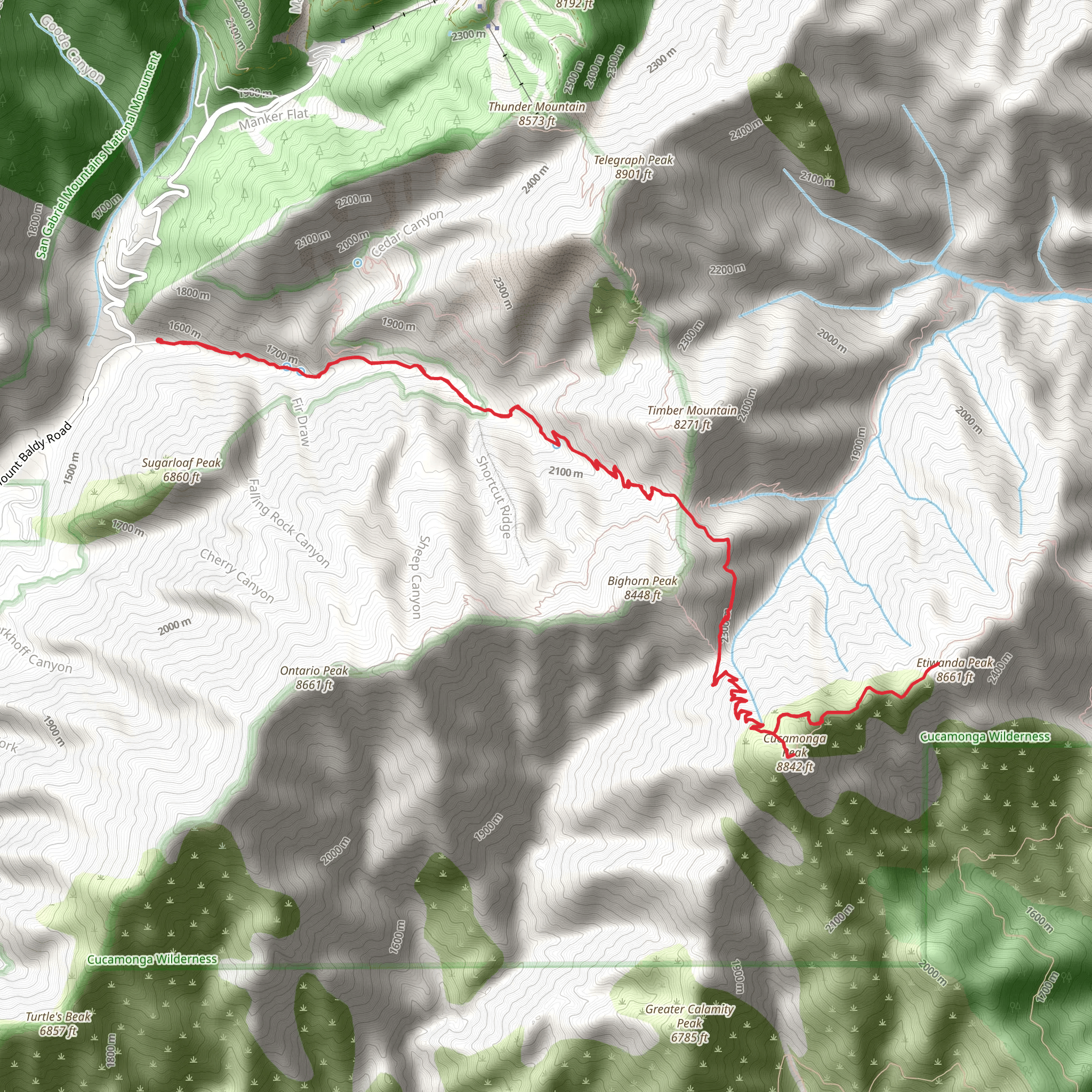 Cucamonga Peak and Etiwanda Peak via Icehouse Canyon Trail mobile static map