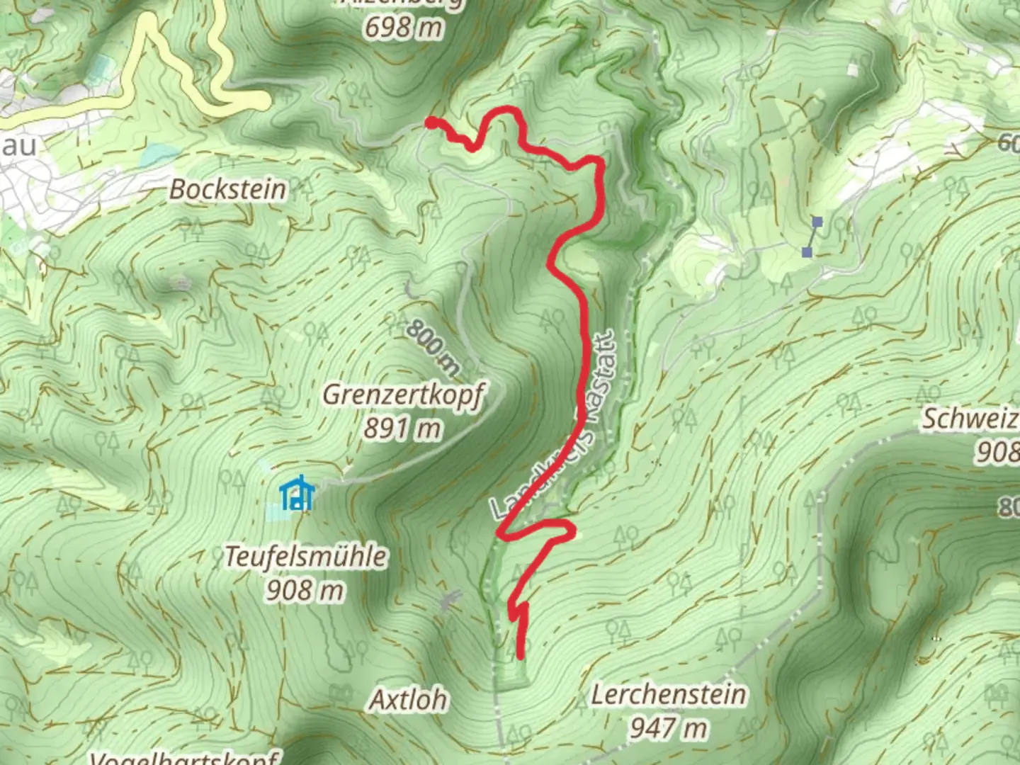 An image depicting the trail Axtlohbruecke Vogelswiesen and Rissbuckel and its surrounding area.