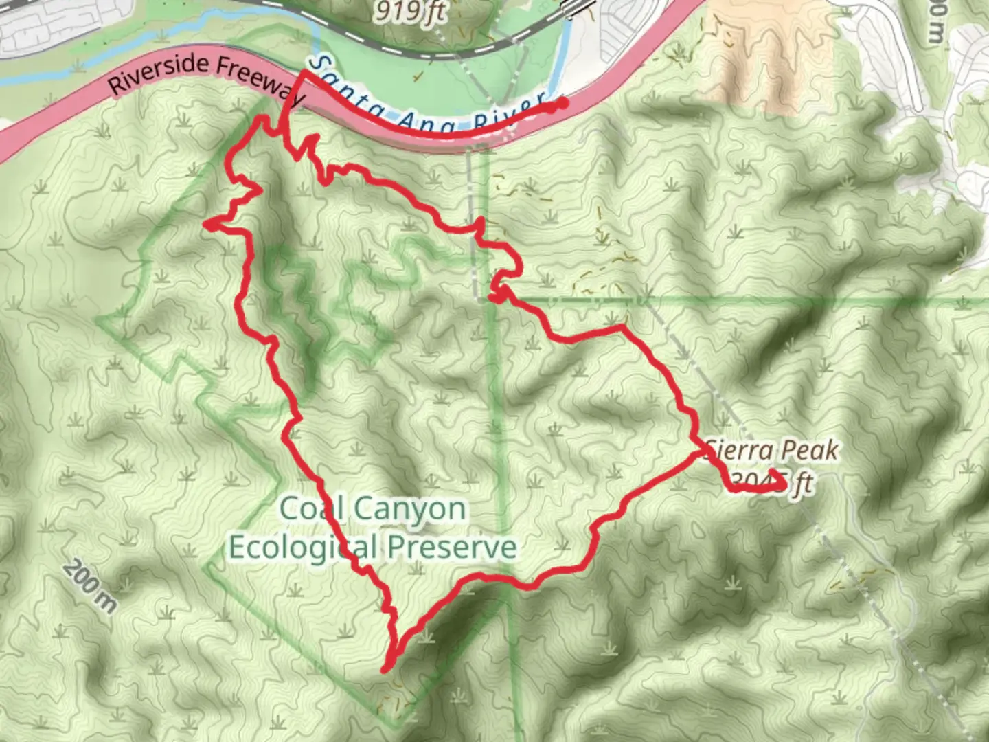 An image depicting the trail Pipeline, Sierra Peak and Coal Canyon Loop Trail and its surrounding area.