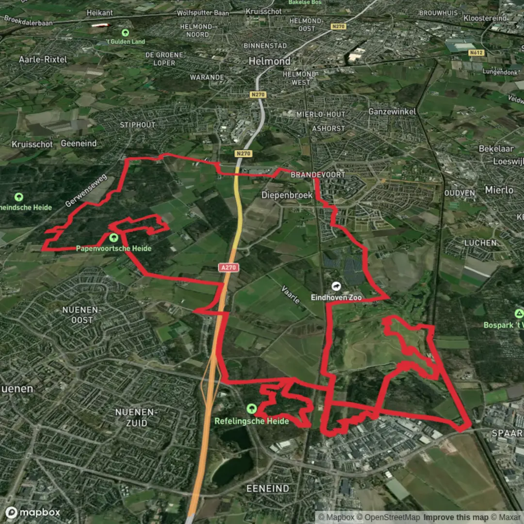 An image depicting the trail Papenvoortsche Heide, Collsche Heide and Schoutse Vennen Loop and its surrounding area.