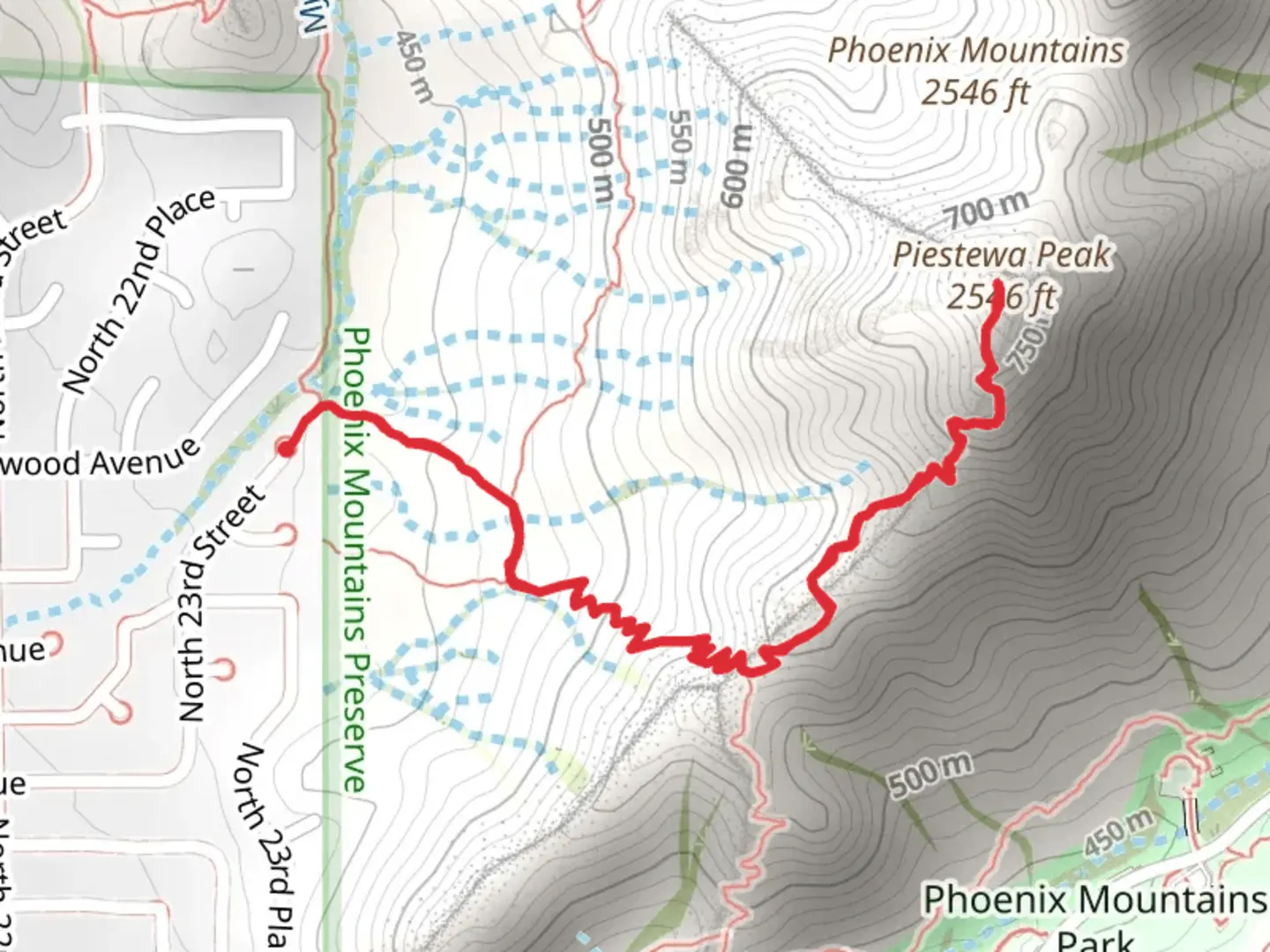 An image depicting the trail Piestewa Peak via Freedom Trail and its surrounding area.