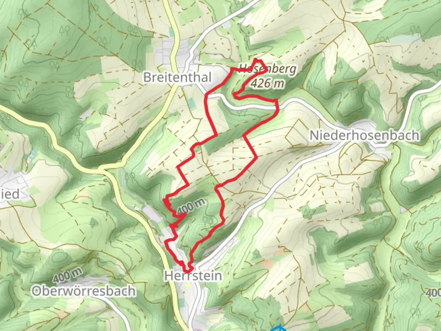 An image depicting the trail Hosenberg and An Kleb Loop - Herrstein and its surrounding area.