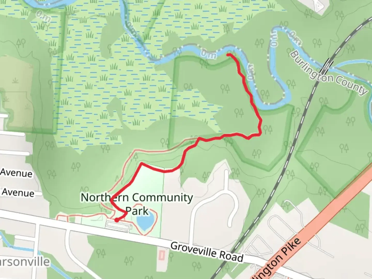 An image depicting the trail Crosswicks Creek via Northern Community Park and its surrounding area.