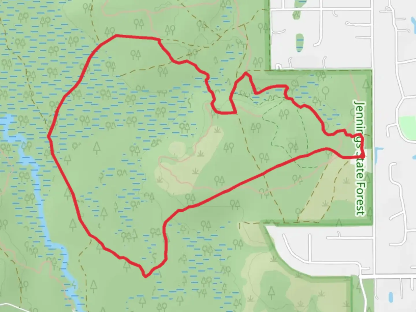 An image depicting the trail Old Jennings Recreation Area Loop and its surrounding area.