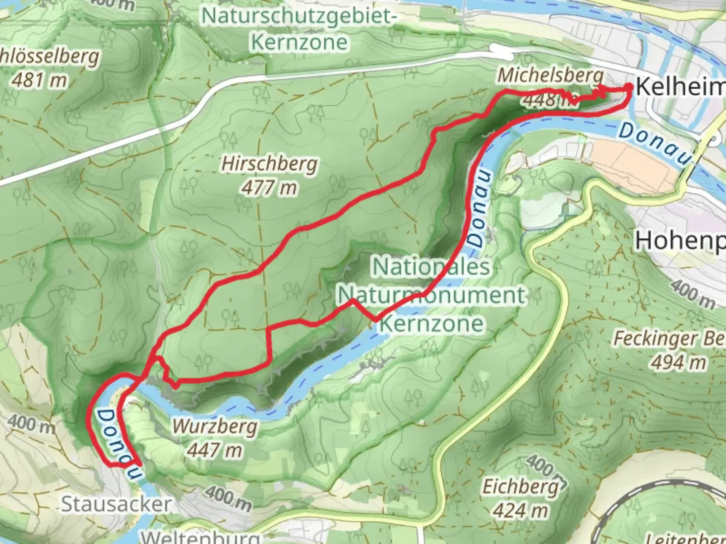 An image depicting the trail Donau via Jurasteig Haupt Route and Kelheim - Weltenburg and its surrounding area.