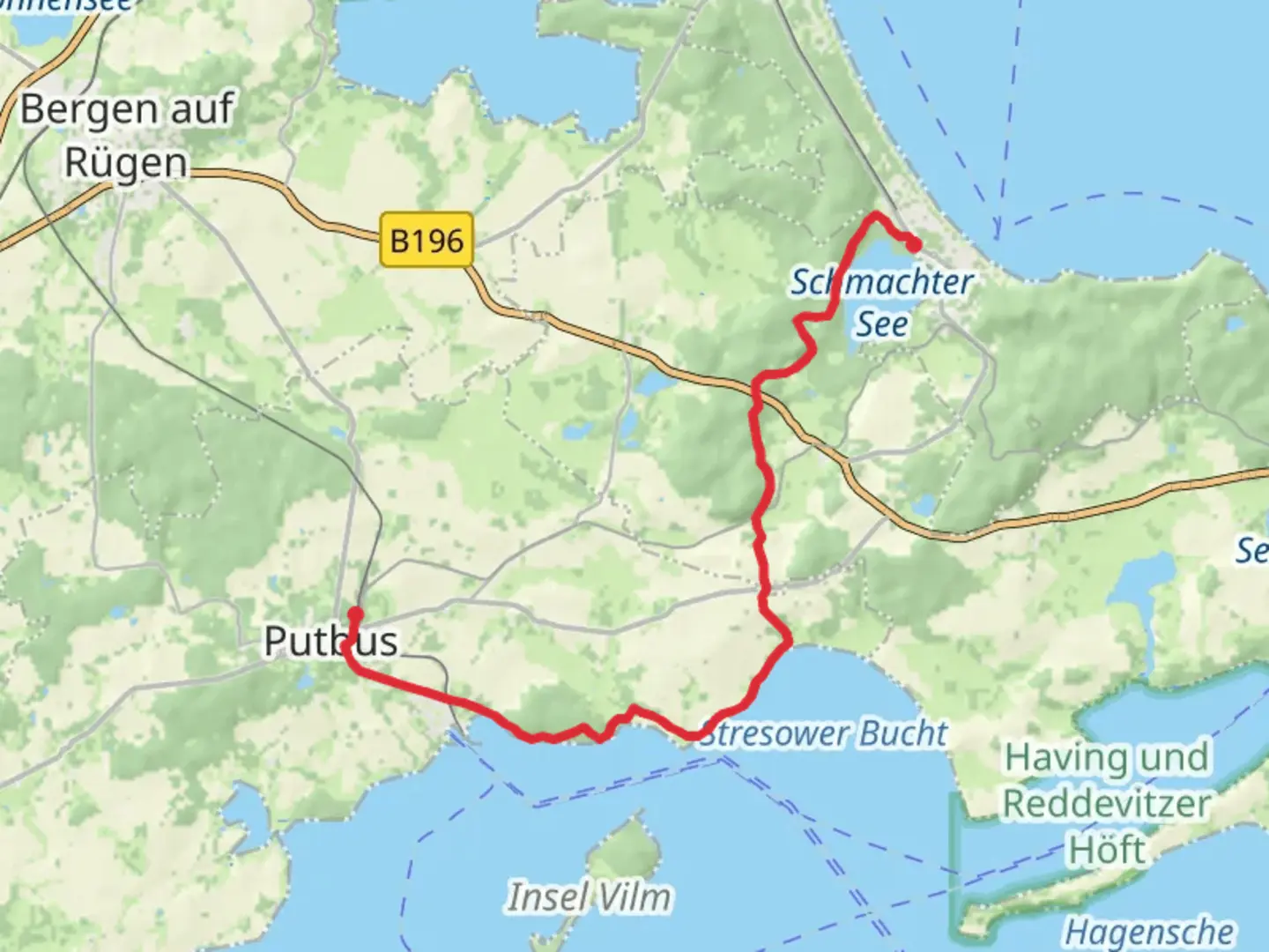 An image depicting the trail Ostseebad Binz to Putbus Walk via NSG Goor Muglitz and its surrounding area.