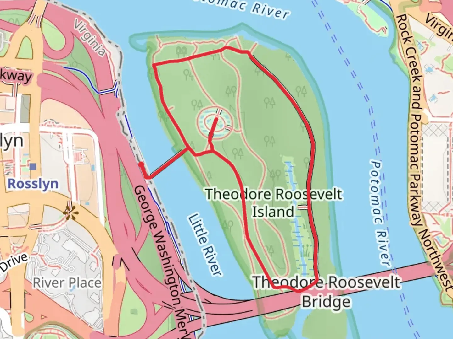 An image depicting the trail Theodore Roosevelt Island Loop and its surrounding area.