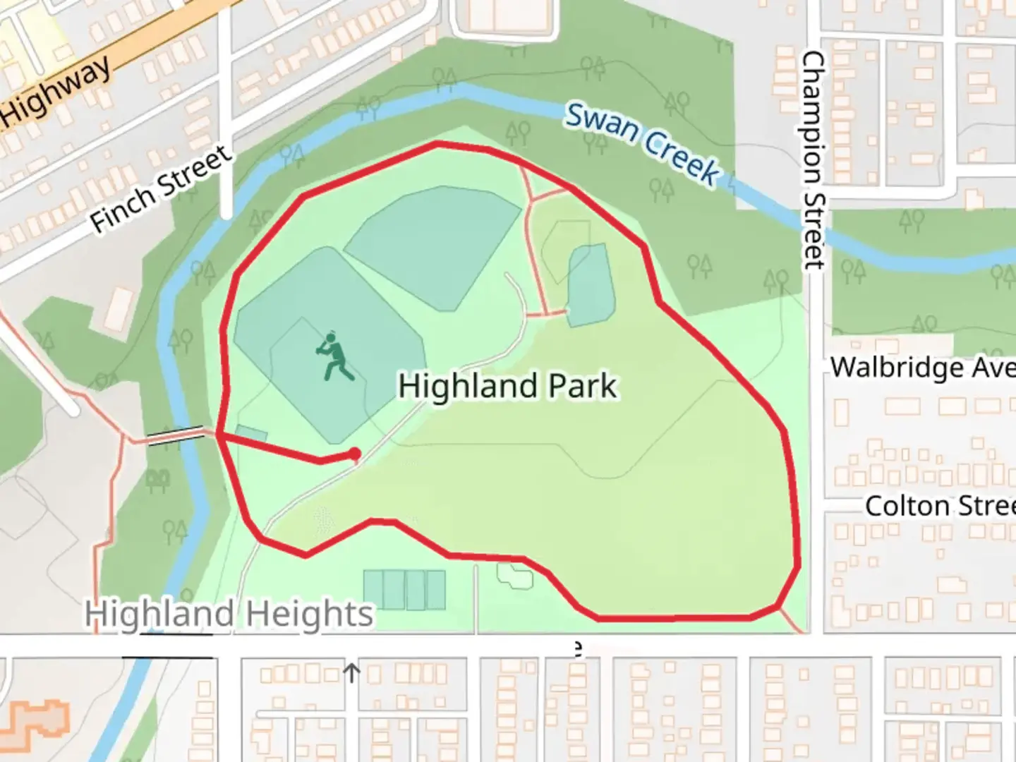 An image depicting the trail Highland Park Loop and its surrounding area.
