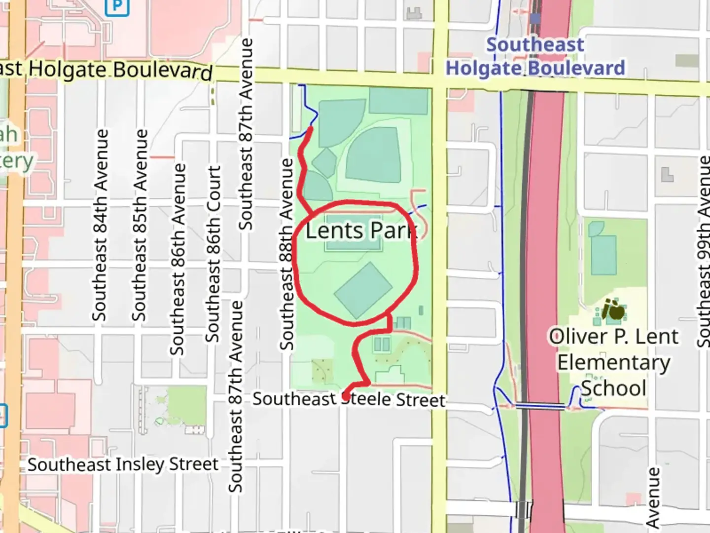 An image depicting the trail Lents Park Loop and its surrounding area.