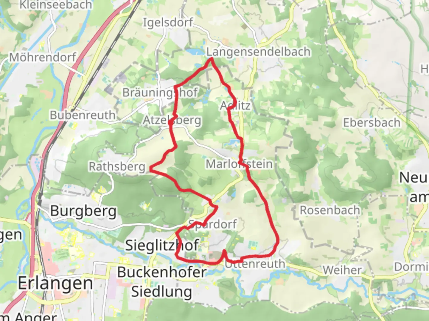 An image depicting the trail Altzelsberg and Uttenreuth Loop and its surrounding area.