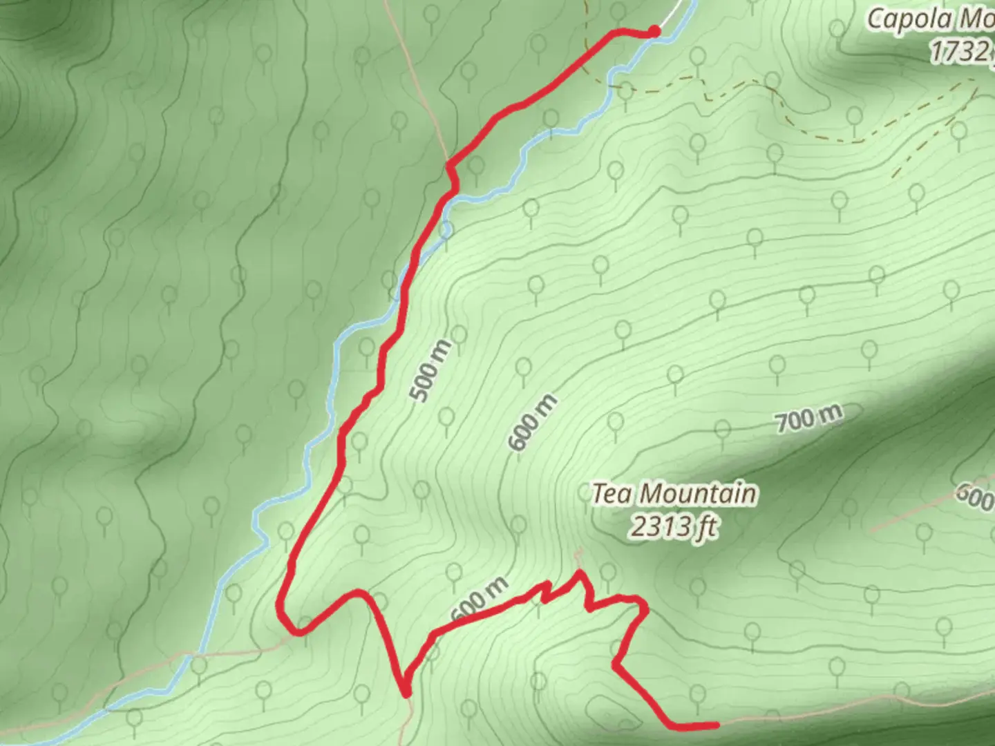 An image depicting the trail Tea Mountain via Tuscarora Trail and its surrounding area.